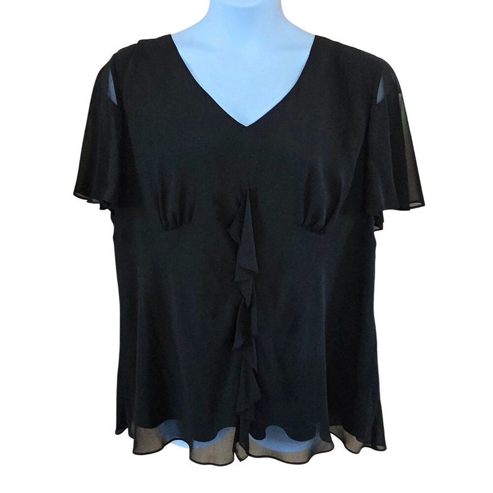 Black Ruffle-Front Blouse Peplum sweetheart neckline Sheer flutter sleeve goth